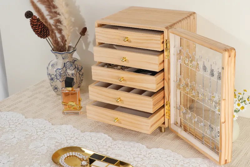 5 Tier Large Jewelry Box with Door Wooden Ladies Storage Organizer