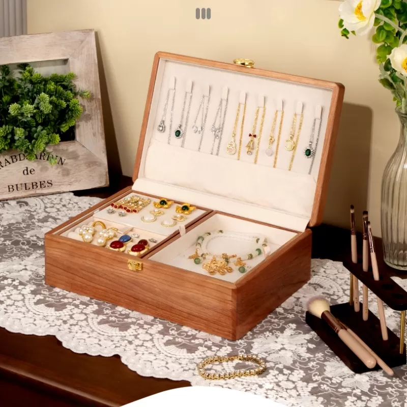 Luxurious Double Layer Solid Wood Earrings Bracelet Storage Exquisite Jewelry Box