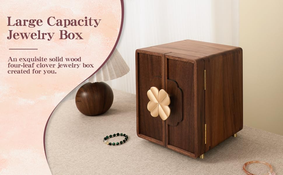 Double Door Large Capacity Lucky Clover Women's Jewelry Storage Box in Solid Wood