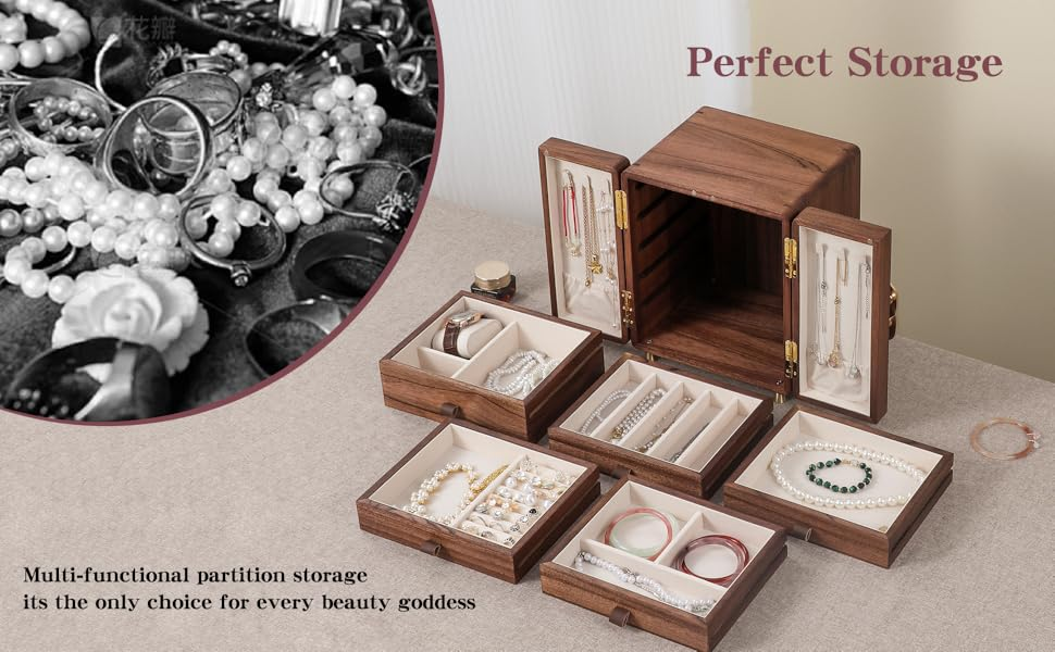 Double Door Large Capacity Lucky Clover Women's Jewelry Storage Box in Solid Wood